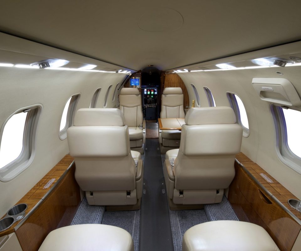 Lear 40XR cabin viewed from the rear